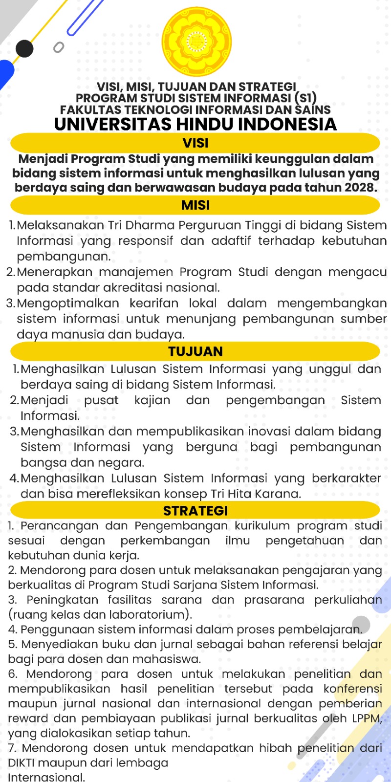 VISI MISI PROGRAM STUDI SISTEM INFORMASI FAKULTAS TEKNOLOGI INFORMASI DAN SAINS